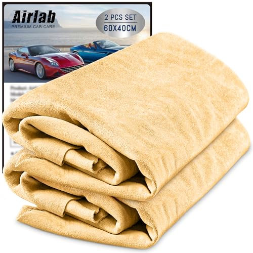 Airlab Peau de Chamois Voiture 2XL 60x40 CM, Chamoisée Cuir Naturelle Véritable Verre Miroir Vitre, Suède Professionnel Efficace Detailing Auto Moto, Séchage Anti Rayures Polissage Super Absorbant