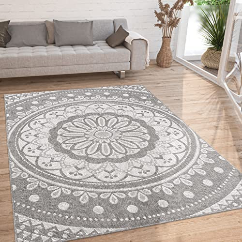 Paco Home Outdoor Teppich wetterfest & robust modernes Mandala & Boho Design pflegeleicht & flachgewebt für Balkon, Terrasse, Garten, Wohnzimmer & Küche Ethno Mandala, Grösse:120x160 cm, Farbe:Grau