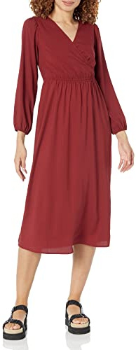 Amazon Essentials Robe midi légère en Georgette à Manches Longues avec col en V (Disponible en Grande Taille) Femme, Bordeaux, M