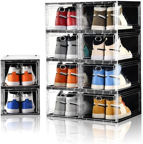 Amllas 10 Pack Shoe Boxes Stackable,Upgraded Sturdy Storage Boxes with Clear Magnetic Door,Multifunctional Sneaker Organizer Fit up to US Size 12 (13.8”x 9.84”x 7.1”)