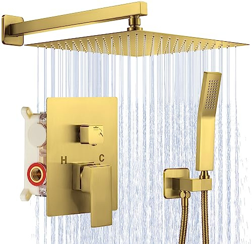 JOMEOO® 12 Inch Brushed Gold Shower System, Wall Mounted High Pressure Rain Shower Head with Handheld Sprayer, Bathroom Luxury Gold Shower Head Shower Faucet Set Rough in Valve Body and Trim