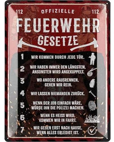 LANOLU XXL Retro Blechschild - Feuerwehrregeln - Feuerwehrmann Geschenke für Männer, Geschenkideen für Männer, Feuerwehr Deko Schild - Metallschild mit Stanzung in 30x40cm