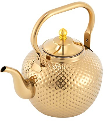 Kaichenyt Edelstahl Teekanne, 2 Liter Teekessel mit Siebeinsatz und Anti Verbrühung Griff für Induktion Gasherd etc Modern Teapot Gold-Silber (GOLD)