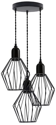 LEDSone 3-Wege-Metalldrahtkäfig-schwarze Pendelleuchte, E27, Metalldraht, Korbleuchte, Hängeleuchte für industrielle Deckenleuchte, verstellbare Käfig-Hängeleuchten für Küche, Wohnzimmer, Schlafzimmer