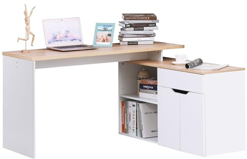HOMCOM Bureau d'angle Modulable Multi-Rangements Placard Bois Clair Blanc