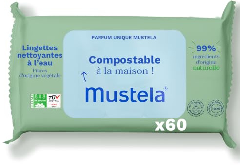 Mustela Duftende kompostierbare Wickeltücher, 100% pflanzliche Lyocellfasern, Körper und Make-up, Baby und Familie - 99,5% natürliche Inhaltsstoffe (60 Stück)