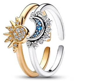 TOEECY Himmelskörper Verstellbare Ringe Set Sonne Mond Kristall Schmuck Damenringe Zweifarbig Offene Fingerringe Zirkonia Besetzt