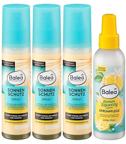Balea 4er-Set Haarpflege: Professional Sonnenschutzspray schützt vor Sonnenstrahlen, Salz, Chlorwasser & bewahrt Feuchtigkeit, 3 x 150 ml + Sprühkur Lemon Squeezy bessere Kämmbarkeit, 150 ml, (600 ml)