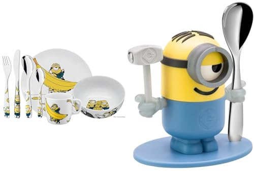 WMF Minions Kinder Geschirrset 7-teilig, Kindergeschirr mit Kinderbesteck Edelstahl & Minions Eierbecher mit Löffel, Kunststoff, ab 3 Jahren