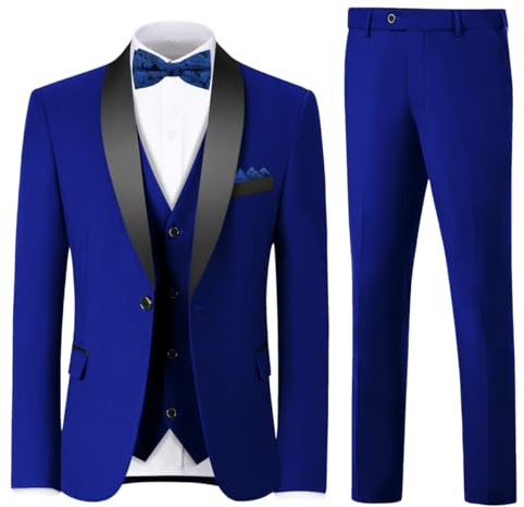 Mens Formal Suits Slim Fit Royal Blue Suit Jacket Vest Pants 3 Piece Set Solid Shawl Lapel Tuxedo Suits for Men Wedding Homecoming Prom Suit M