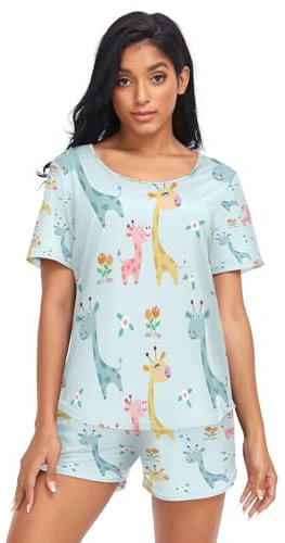 HMZXZ Damen Schlafanzug-Set afrikanisch Giraffe Blume Sommer Pyjama Woman Set,Karikatur Tier Loungewear und Shorts Lounge Set Sleepwear Nachtwäsche
