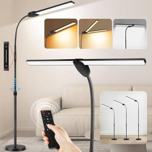 OUTON LED Floor Lamp with Double Head, 18W 1800LM, Super Wide & Bright, Height Adjustable, Remote & Touch Control, Memory Function, Dimmable Standing Lamp for Reading, Working, Sewing, Drawing, Black