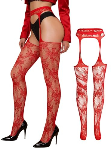 comeondear Calze a Rete Donna Taglie Forti Reggicalze Calze Autoreggenti con Bretelle Collant Vita a Giarrettiera con Pizzo Floreale Elastica Lingerie Sexy Hot Collant Trasprente