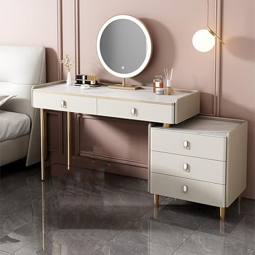 Ernqi Schminktisch Mit Beleuchtetem HD-Spiegel, 3 Beleuchtungsmodi, Schminktisch Mit Links/rechts Installierbaren Schließfach, Schminktisch Mit Stuhl Fürs Schlafzimmer (Beige,B_39.4IN)