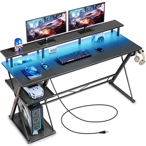 SEVEN WARRIOR Gaming Tisch mit LED & Steckdosen, 140 cm Computertisch mit Monitorständer & CPU Ständer, Schreibtisch mit 2 Haken & Fußstütze, perfekt für Schlafzimmer Büro, 140 x 47 x 87 cm