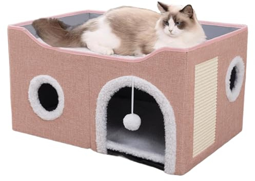ERNAN Kattsängar, kattsäng för inomhuskatter, hopfällbart katthus, stor mjuk grottsäng med klösbräda för små medelstora husdjur (rosa, M)