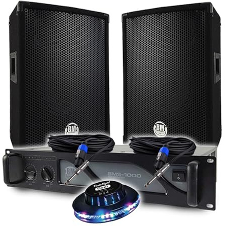 Pack DJ BM Bmsonic Amplificateur 1000W, Enceintes 8 2x300W, Câbles, Animation LED, Petite Sono, Soirée, Fête, Anniversaire, Bar