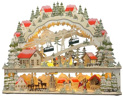 Wichtelstube-Kollektion XL LED Schwibbogen Skifahrer im Gebirge Lichterbogen mit Podest innenbeleuchtet Schwippbogen Weihnachten Holz beidseitig bemalt 50cm groß