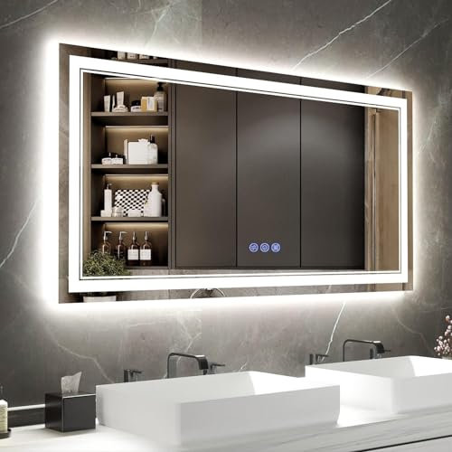 baklon Cornice doppia Specchio da Bagno con Luce 120 x 70 cm, Specchio Bagno LED con Antiappannamento, 3 Colori Luce, Dimmerabile, Funzione Memoria, IP65, Vetro Temperato