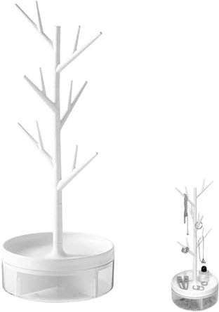 Organisateur de Bijoux en Forme D'arbre, Présentoir à Bijoux Blanc, Porte Bijoux Femme, Présentoir à Bijoux Avec Plateau Rotatif, pour Boucles D'Oreilles pour Colliers, Chaînes, Montres, Bracelets