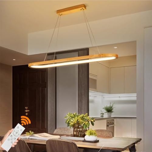 LED Pendelleuchte Holz Oval Hängelampe Esszimmerlampe Dimmbar Deckenleuchte Mit Fernbedienung Büro Hängend Leuchten für Kücheninsel Bar Esstisch Modern Kronleuchter LED Deckenlampen (Dimmbar, L120CM)