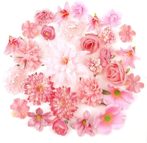 YSWOVUO 29 Stück Kunstblumen zum Basteln, 13 Arten 4~13cm Künstliche Blumen, Mix Seidenblumen Köpfe Klein, Kunstblumen Deko für Hochzeit Party Home Handwerk DIY Basteln Scrapbooking, Rosa