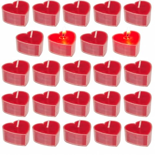 Set värmeljus i hjärtform – ca 4 x 4 cm – valbara färger röd eller vit – romantisk belysning för varje tillfälle (röd – 24 stycken)