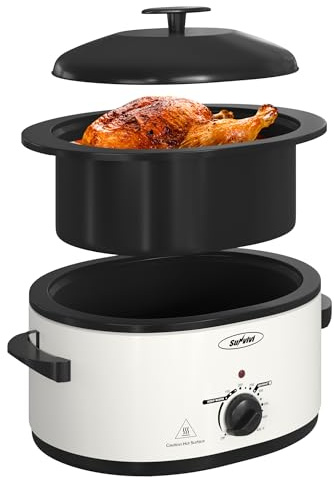 SUNVIVIPRO Roaster Oven with Self-Basting Lid, Electric Turkey Roaster Oven with Removable Pan and Rack, Stainless Steel, White, 8 QT