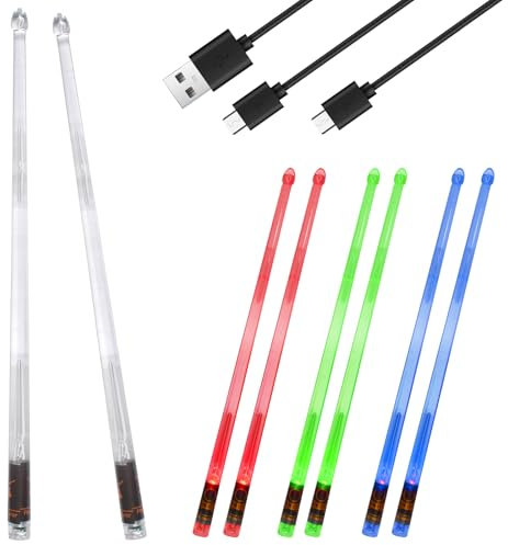 LED Leuchten Trommelstock 5A Drumsticks, Wiederaufladbare Cool Beleuchtete Schlagzeug Sticks aus PC-Polymermaterial für Drum Set, Perfekt für Percussion und Musikinstrumente,13 Farben (1 Paar)