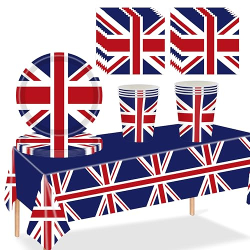 MORAINJAY 53Pcs Union Jack Celebration Kit,Paper Tableware Set for VJ Day 80th Anniversary,Includes Paper Plates Cups Napkins and Patriotic Tablecloth,UK British Flag Party Supplies