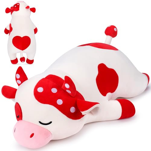 Auspicious beginning 30'' Giant Mushroom Cow Plush Stuffed Animal-Cute Mushroom Cow Plush Body Pillow Plushies, Large Sleeping Cow Stuffed Animal Big Plushie Toy, Birthday Gifts for Kids Girls Boys