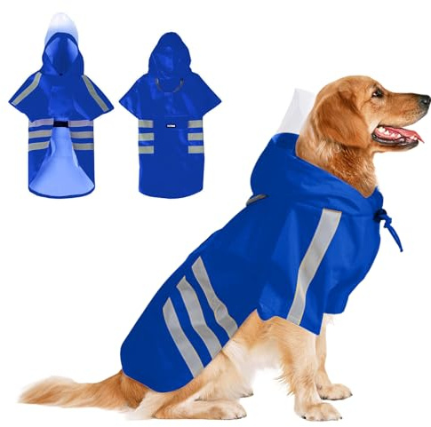 PETCUTE Hunderegenmantel mit Kapuze,Atmungsaktive 100% wasserdichte Haustier-Regenkleidung mit Reflektierende Streifen,Hund Regenmantel mit Kragenloch,für kleine, mittelgroße und große Hunde,L