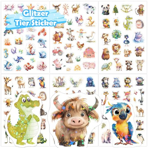 Tier Glitzer Sticker Kinder, 6 PCS mit Glitzereffekt Tiersticker, Aufkleber Holografische Tiere für Skateboards, Helme, Water Bottle, Tablets, Schultaschen, Kühlschränke, Fahrräder, Tischplatten