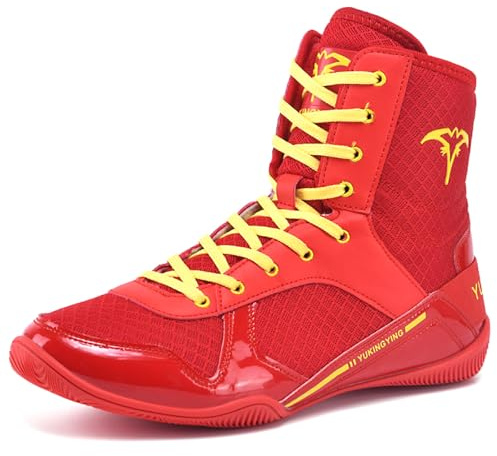Hiuzylqx Botas De Lucha Libre para Hombre Zapatos de Boxeo Antideslizante, Ligero Fitness De Kickboxing Caña Alta Masculina,Rojo,42 EU