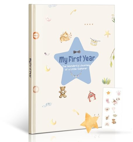 Mein erstes Jahr Baby Erinnerungsbuch - A4 Tagebuch & Erinnerungsalbum mit Stern-Design, inklusive 10 Stickern, ideal für Geburt, Taufe & Babyparty