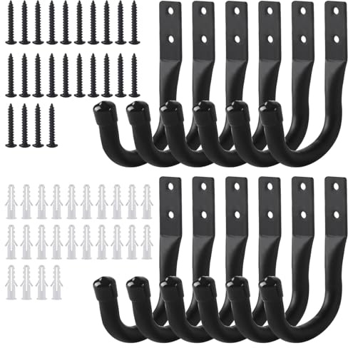 ShiFaKa 12 Pcs Gancho Pared de Garaje Resistentes, Gancho Bicicleta Ganchos para Colgadores de Pared Negro, Soporte Ganchos en J para Herramientas de Jardín Eléctricas