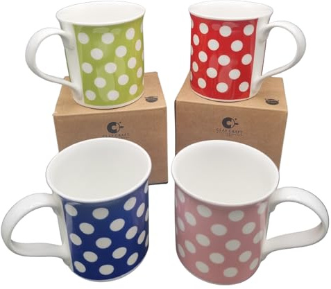 Hooli Mooli Bone China Coffee Mugs, 350ml, Pack of 4, Dotty Windsor Pattern, Assorted Colours