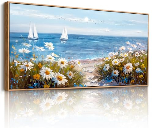 JHHUAMO Meer Landschaft Bilder mit Rahmen Wohnzimmer Schlafzimmer 60x120 cm | Küstenwildblumen Wandbild, Hochauflösender Druck, Exquisite Handwerkskunst, Einfaches Aufhängen, Vielseitig Einsetzbar