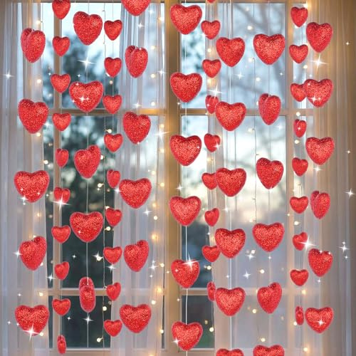Threehoney 8 Pcs 8.2ft Valentines Galentines Day Decorations with 80 Pcs 3D Glitter Red Hearts Garland Valentines Heart Hanging String Romantic Window Decor for Wedding Anniversary Party Decoration