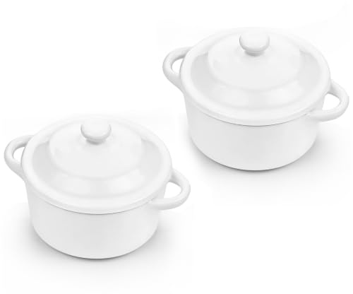 LOMTOM 2-Piece Set Small Casserole Dish with Lid, 250ml White Ceramic Creme Brulee Ramekins Soup Bowls with Handles, Oven Dish Serving Bowls for Soufflé, Oatmeal, Soup, Stews Microwave Dishwasher Safe