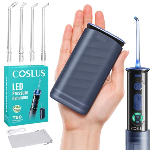 COSLUS T50 Irrigador Dental PortáTil Bucal Mini: Irrigador Dental InaláMbrico 240Ml con Tanque TelescóPico, 9 Niveles con Pantalla Luz Indicadora de PresióN, Ipx7 para Hogar Y Viajes, Azul Oscuro