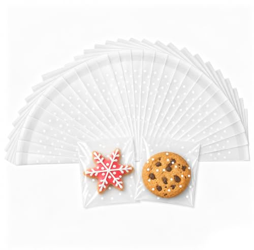 RITOLLO 200-Pack Self-Adhesive Cellophane Bags, 10 x 10 cm, White Dots | Resealable OPP packaging for cookies, sweets, cards, jewellery, photos, gifts and party favours
