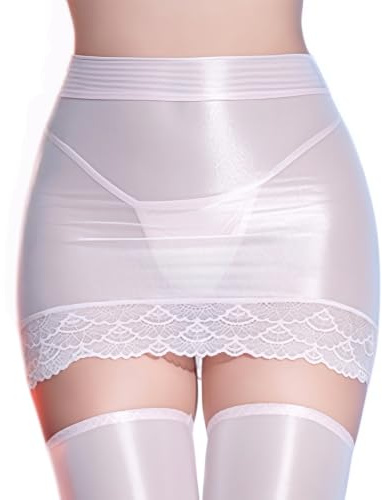 TouKingda Lace Trim Mini Skirts Women Sexy See Through Short Pencil Skirt | Sheer Ultrashort Skirt Glossy Shiny Hip Skirt for Nightclub Stretch Wet Look Slim Fit Mini Skirts Sexy Slutty for Party