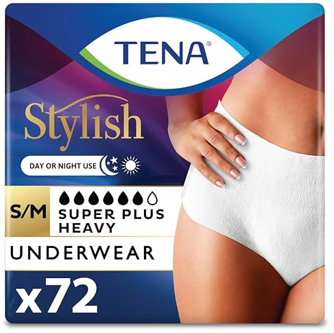 TENA Stylish White Incontinence Underwear for Women, Super Plus Heavy Absorbency, Adult Diapers, Small/Medium (Waist Sizes 29in-40in), 72 Count (4 packs of 18)