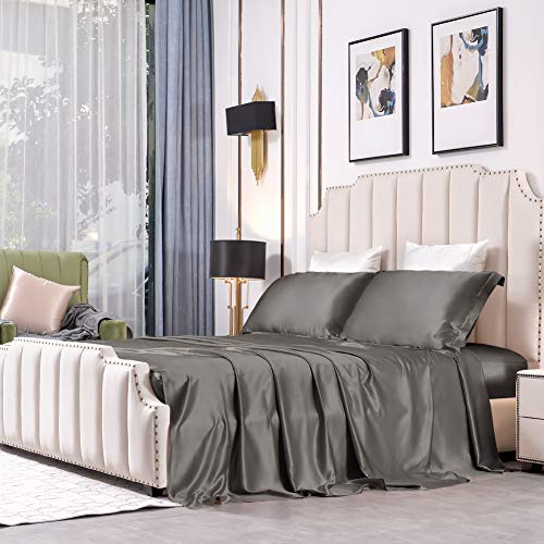 THXSILK 4-teiliges Bettwäsche-Set aus Seide, 100 % lange Stränge, 25 Momme Maulbeerseide, Bettwäsche-Set und Kissenbezüge, extrem weich und luxuriös Queen anthrazit