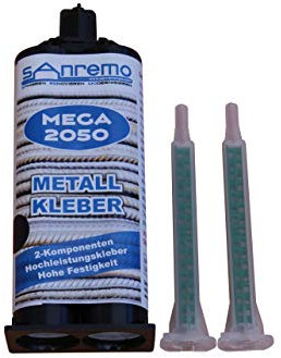 Set: MEGA 2050 METALLKLEBER Schwarz 2x 50ml + 4 Quadro Mischer + Dosierpistole (1:1)