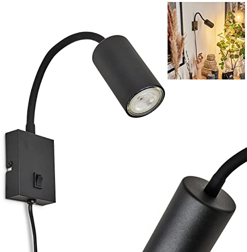 Wandleuchte Javel, verstellbare Wandlampe aus Metall in Schwarz-matt, 1-flammig, 1 x GU10, ohne Leuchtmittel, moderne Leselampe mit verstellbarem Lesearm & An- & Ausschalter am Gehäuse
