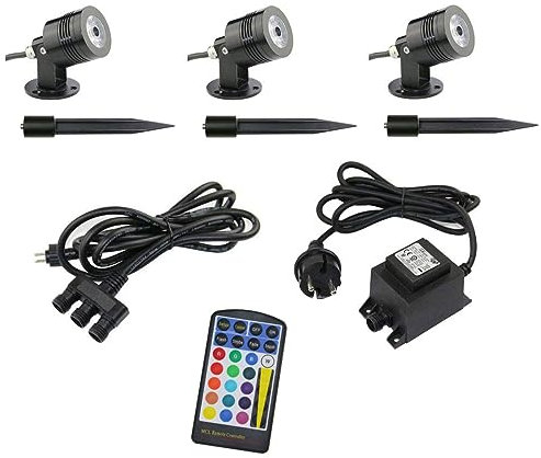 VBLED® 3er Set RGB+WW Gartenstrahler 10W 12V Aluminium schwarz IP65 mit IR-Fernbedienung,Erdspieß, Verteilerkabel und LED Trafo