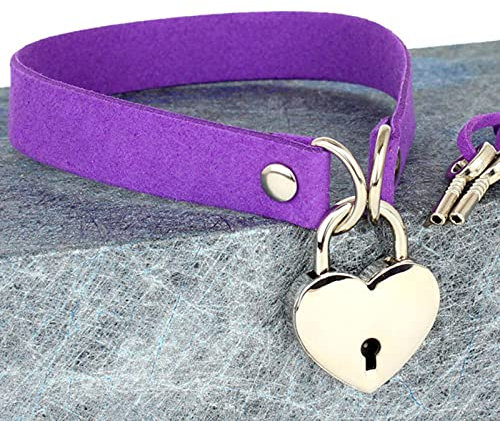 WEITING Schwarzes Leder-Halsband mit Herz-Schloss, Schlüssel, Halsband, Damen, Gothic-Vorhängeschloss am Hals, Schloss, Gothic-Schmuck, Collier Femme-Lila
