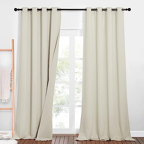 PONY DANCE Dreilagige Blickdichte Vorhänge Schallschutz Vorhang mit Abnehmbarem Filzfutter 2er Set H 240 x B 132 cm Abdunkelnde Gardinen mit Ösen Thermovorhänge Hitzeschutz, Hellbeige | 2er Set, H240 x B132 cm, Hellbeige, Dicke Vorhänge gegen Hitze, mit Ösen, Lärmschutzvorhang, für Schlafzimmer Wohnzimmer